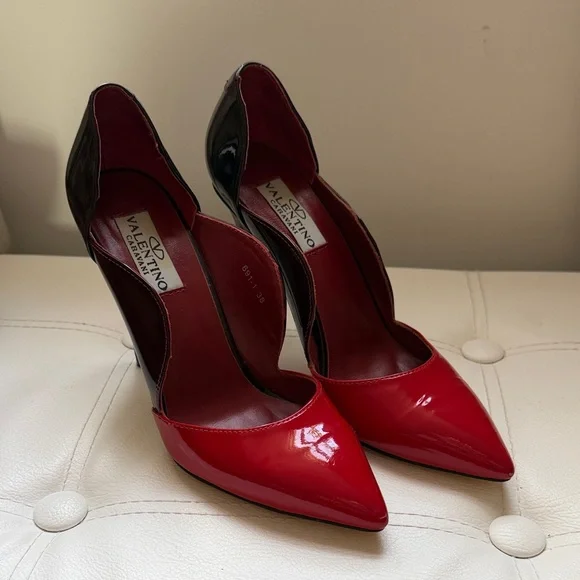 Valentino Red Patent Pointed-Toe Pumps with Black Accents - Picture 1 of 5